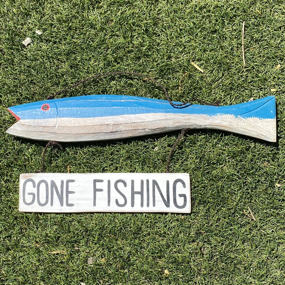 Gone Fishing Sign Hand Carvedand Hand Painted Recycled Wood